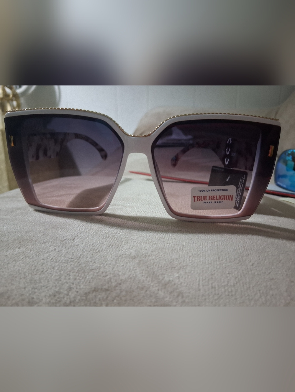 True Religion White and Pink Gradient Square Sunglasses with Gold Trim